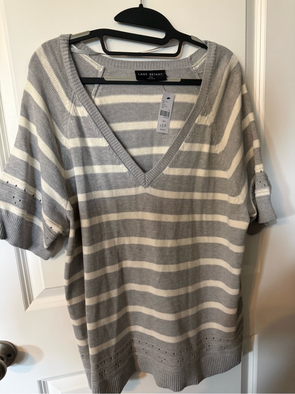Lane Bryant Gray and Cream Striped V-Neck Knit Top 18/20